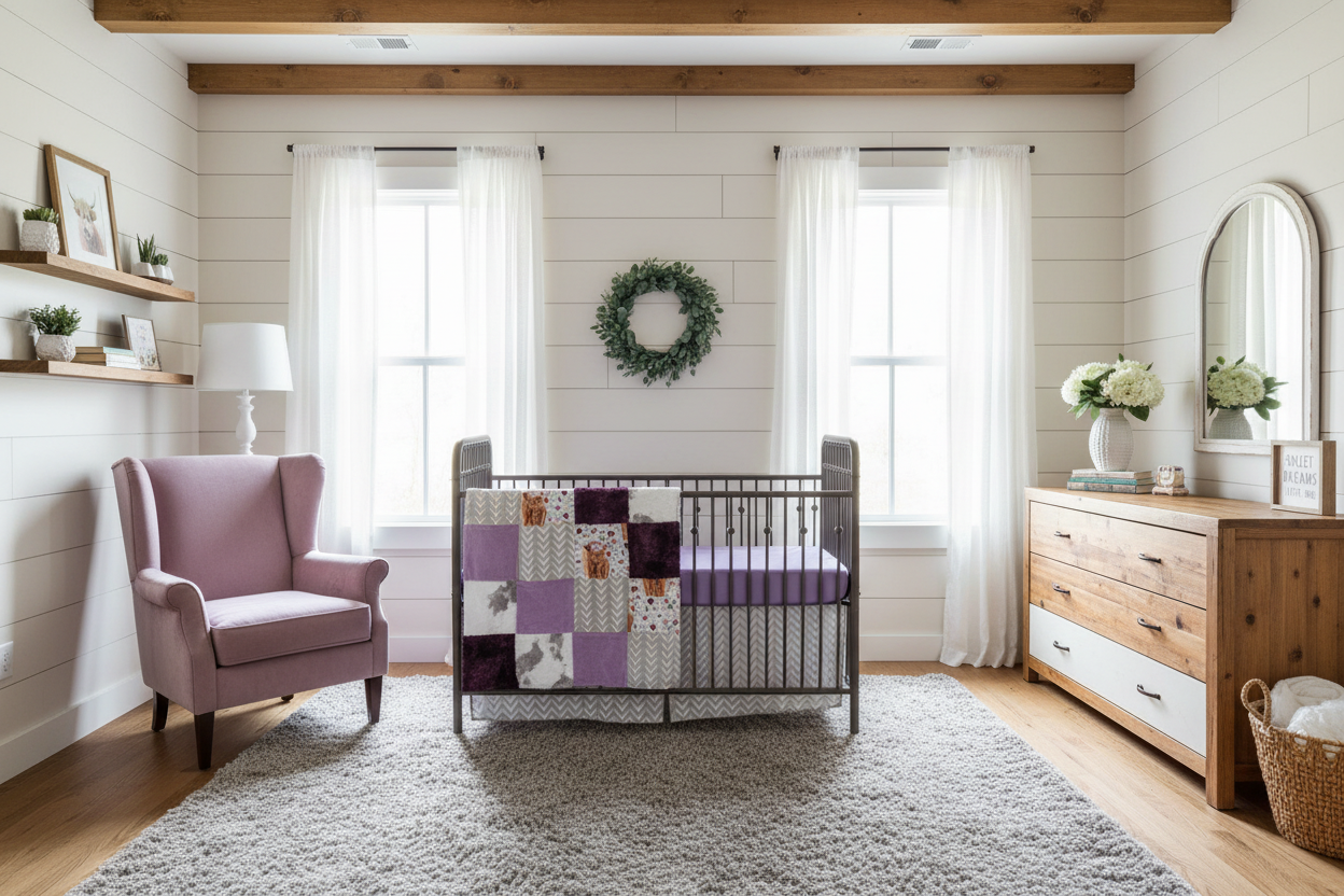 Highland Cow Lilac Purple Bedding Balanced Rustic Farm Nursery