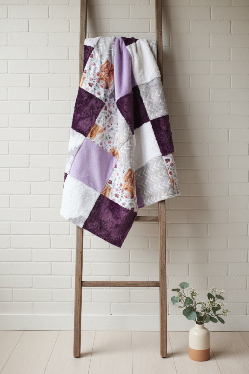 Highland Cow Lilac Purple Blanket Lifestyle on Ladder