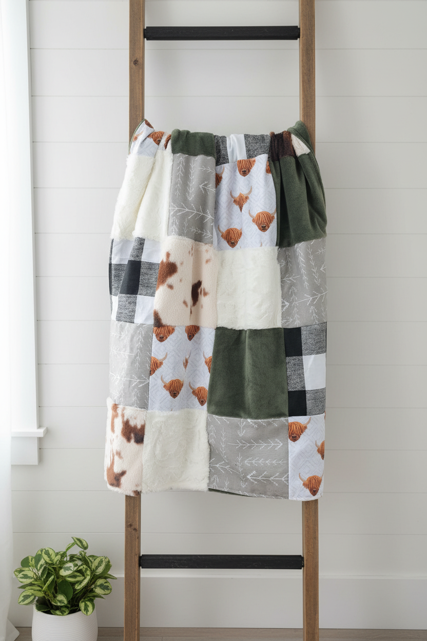 Highland cow patchwork blanket on ladder