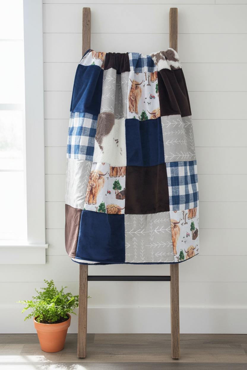 Highland cow patchwork blanket on ladder