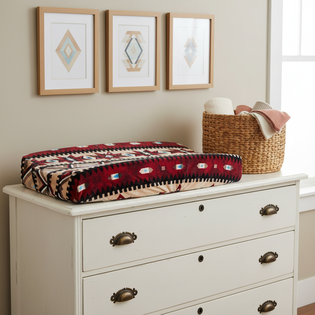 Honey Aztec Minky Western Changing Pad Cover on White Antique Dresser