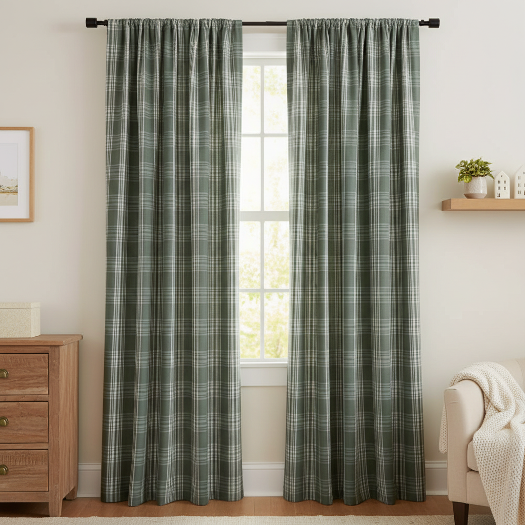 Hunter Green Plaid Curtains - Unobstructed Window View