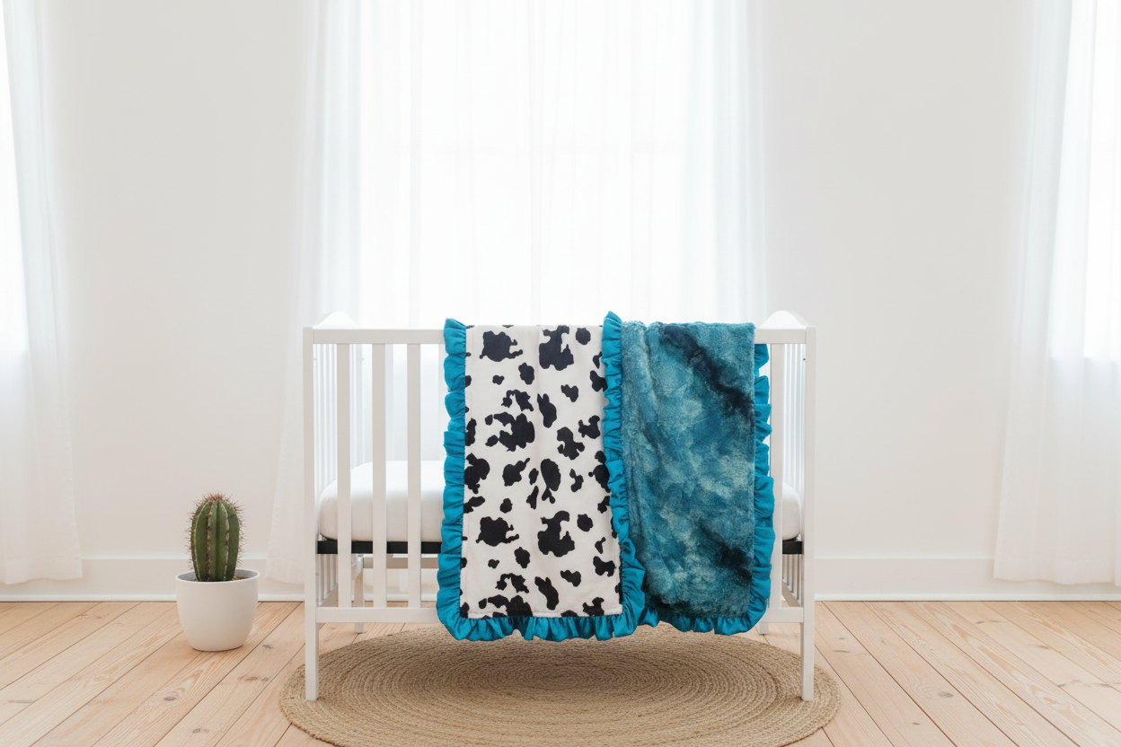 Black White Cow Minky and Mallard Galaxy Minky Farm Ruffle Blanket draped over white crib rail