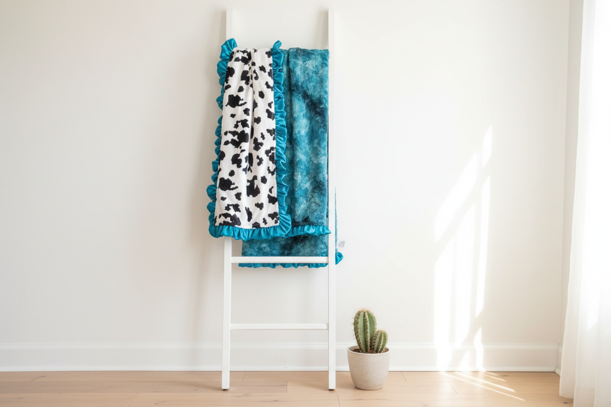 Black White Cow Minky and Mallard Galaxy Minky Farm Ruffle Blanket on white blanket ladder