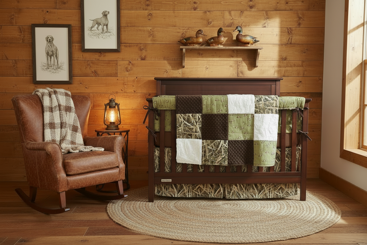 Ducks and Switchgrass Camo Woodland Boy Crib Bedding - Duck Hunting Nursery with Brown Sheet - DBC Baby Bedding Co