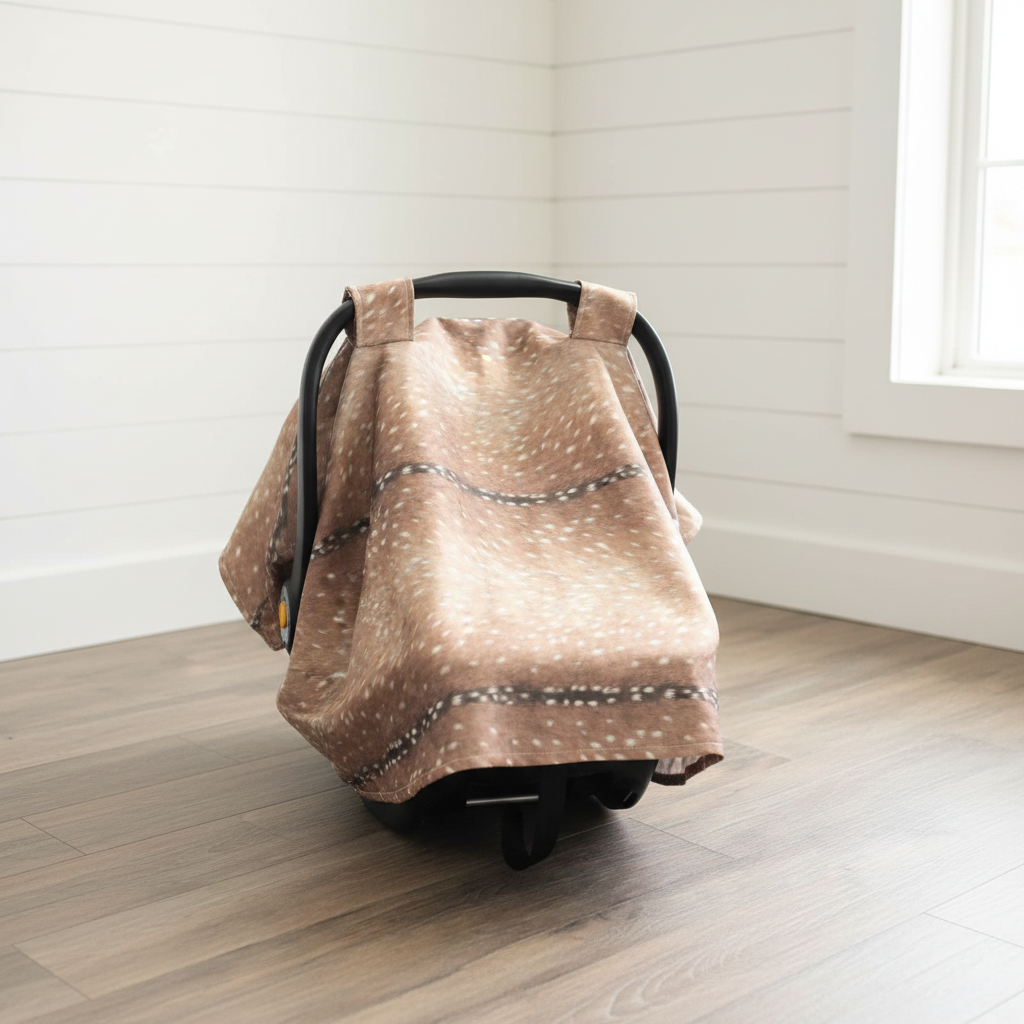 Deer Print Woodland Carseat Tent against white shiplap wall — fawn deer print with brown cotton underside, handmade in the USA