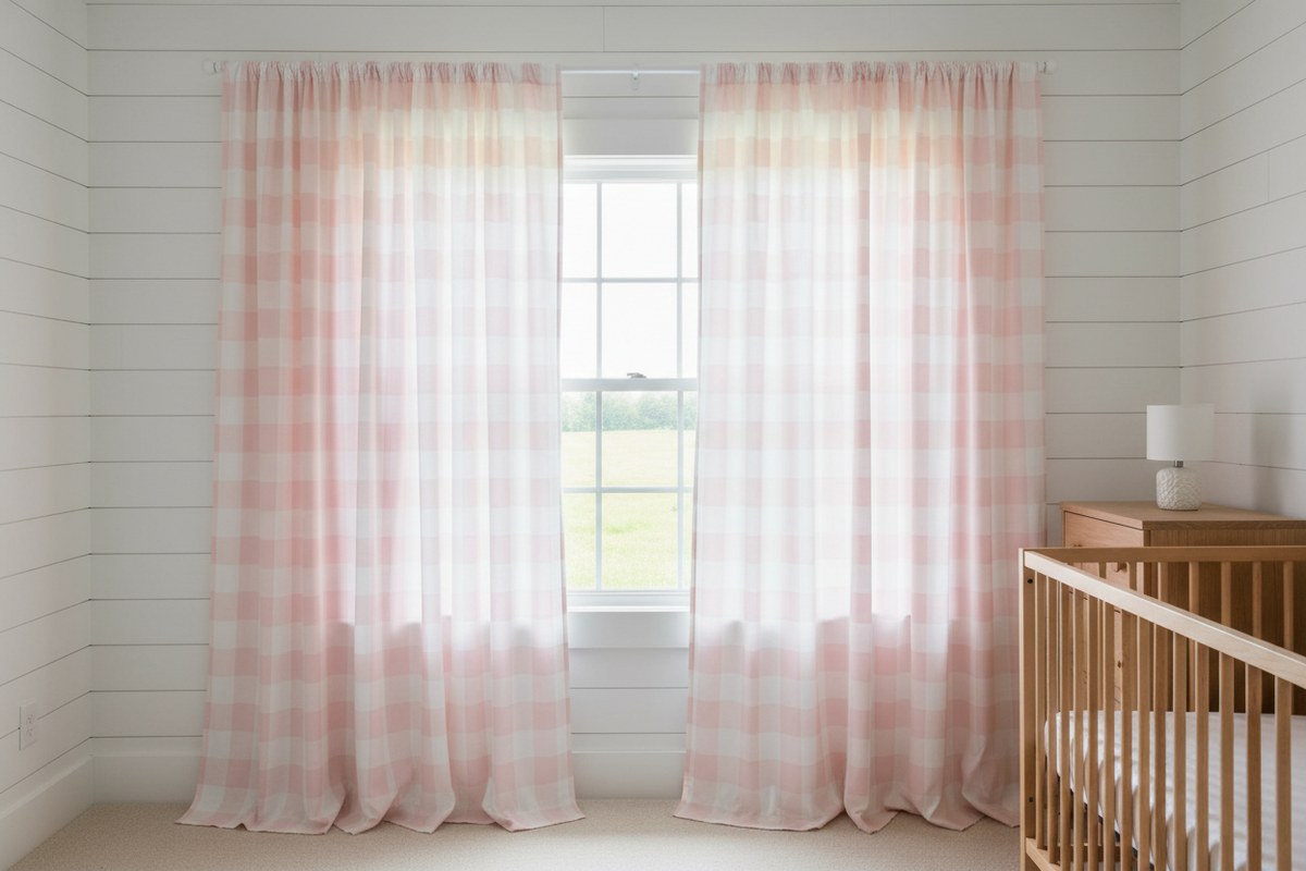 Blush Check Curtains - Panels & Valances - DBC Baby Bedding Co 