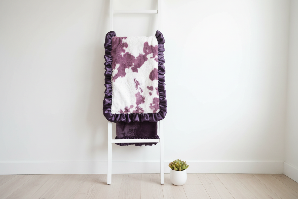 Plum Calf Minky Western Ruffle Blanket on white blanket ladder