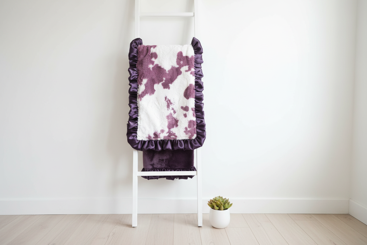 Plum Calf Minky Western Ruffle Blanket on white blanket ladder