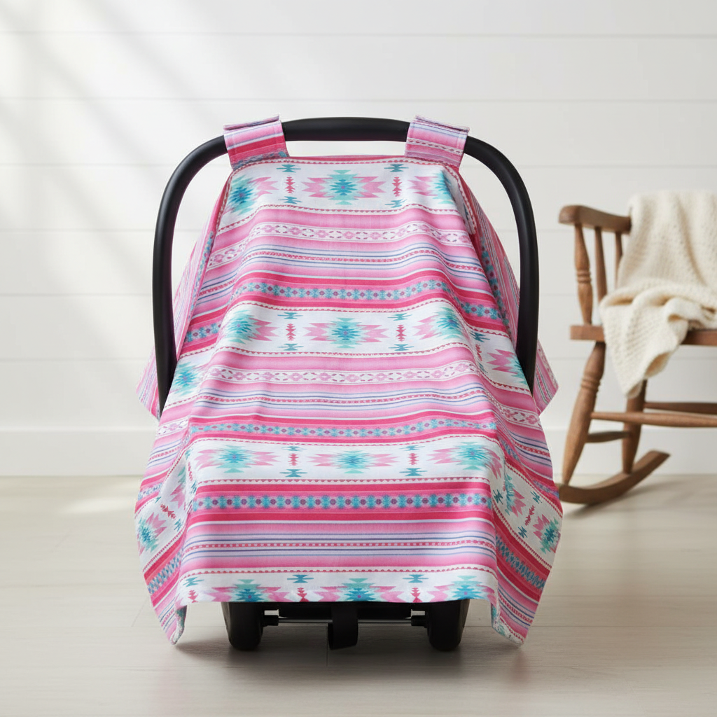 Pink Teal Aztec Western Carseat Tent against white shiplap wall — bold pink and teal aztec print with teal minky underside, handmade in the USA