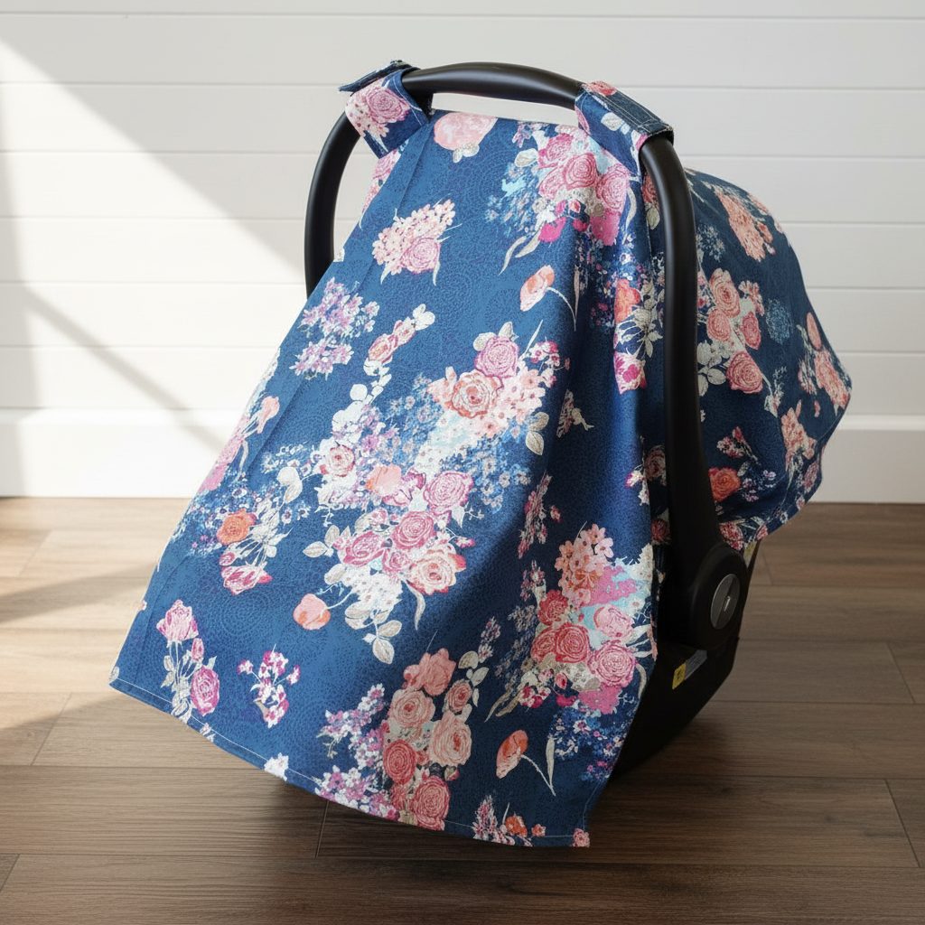 Navy Coral Floral Carseat Tent against white shiplap wall — navy and coral floral print with blush cotton underside, handmade in the USA