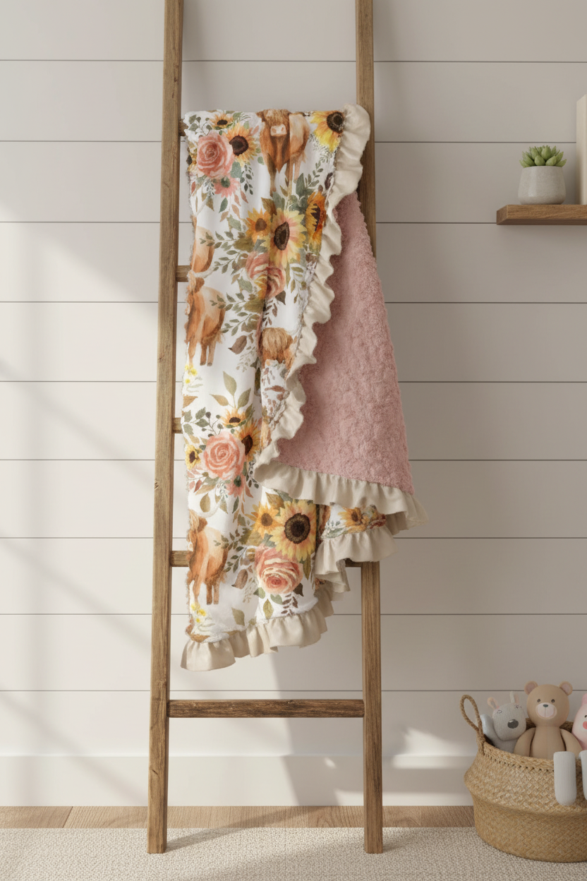 Sunflower Rose Highland Cow Western Ruffle Blanket - DBC Baby Bedding Co 
