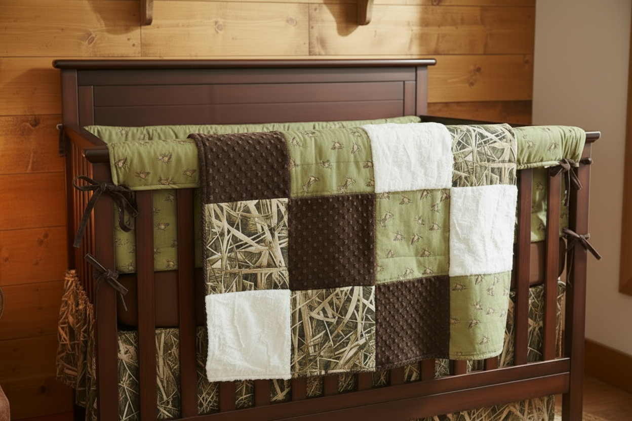 Ducks and Switchgrass Camo Woodland Boy Crib Bedding Close-Up - Rail Cover and Brown Sheet - DBC Baby Bedding Co