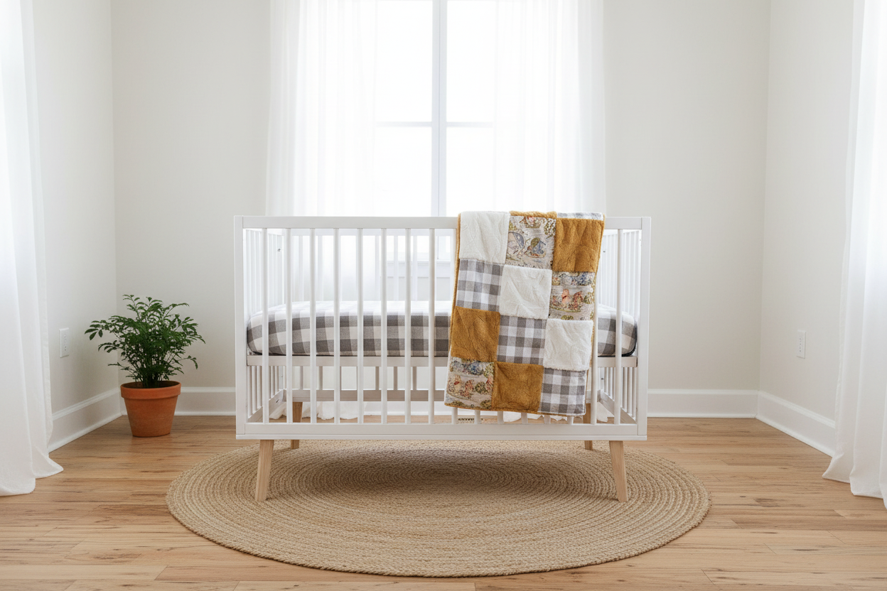 Classic Winnie the Pooh Patchwork Blanket draped over white crib rail