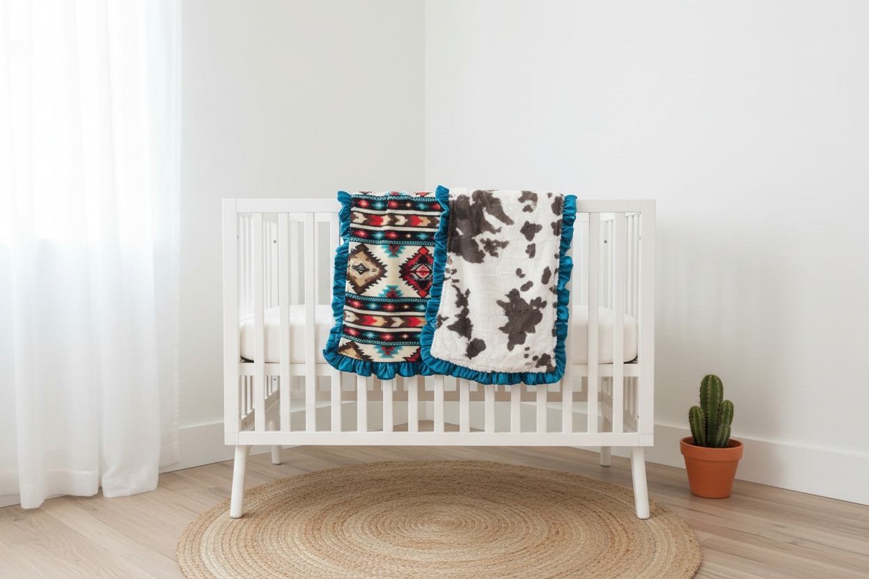 Cream Aztec and Brownie Calf Minky Western Ruffle Blanket draped over white crib rail