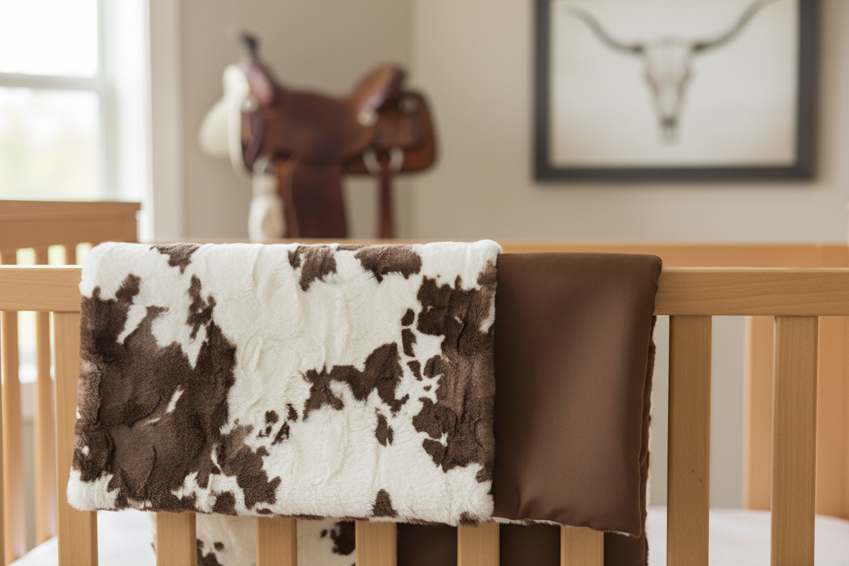 Brownie calf minky baby blanket with brown backing in western nursery - lifestyle photo
