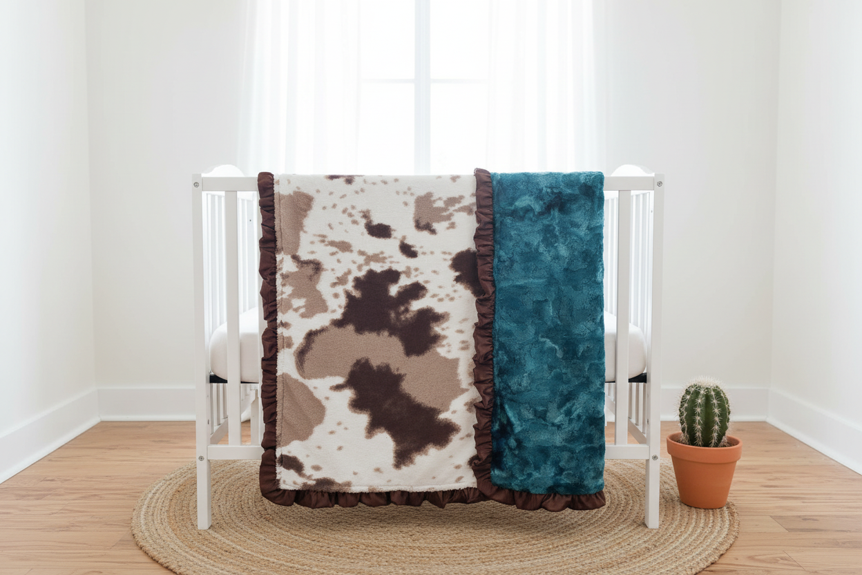 Brown Sugar Cow & Mallard Galaxy Minky Western Ruffle Blanket draped over white crib rail