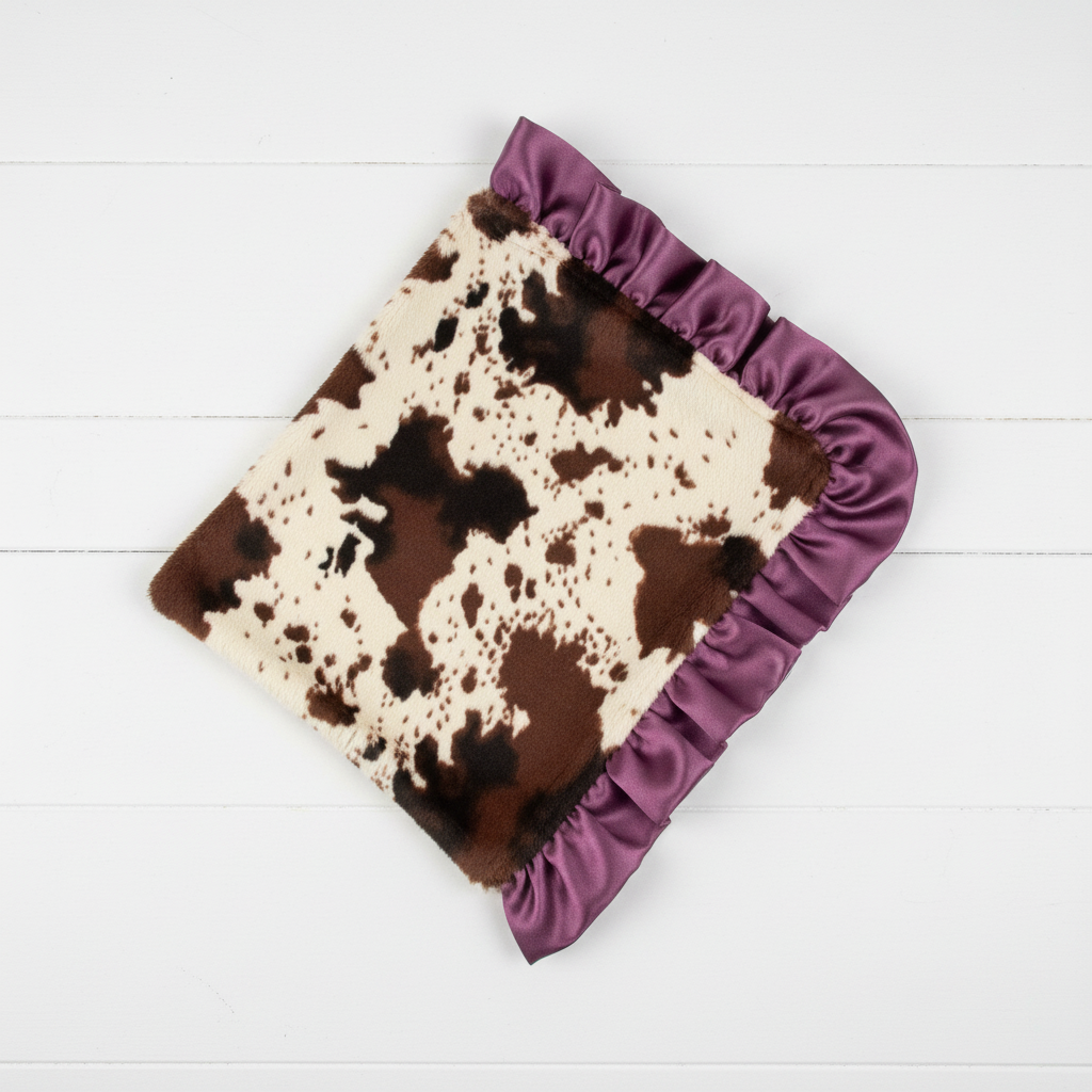 Cow Minky with Plum Satin Ruffle Western Lovey - DBC Baby Bedding Co 