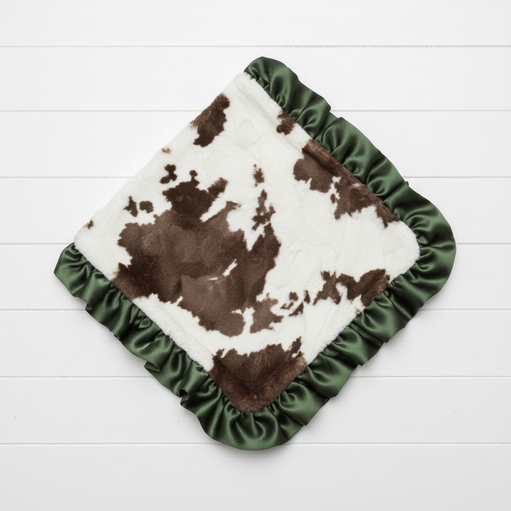 Brownie Calf Minky and Brown Minky with Hunter Green Satin Ruffle Western Lovey - DBC Baby Bedding Co 
