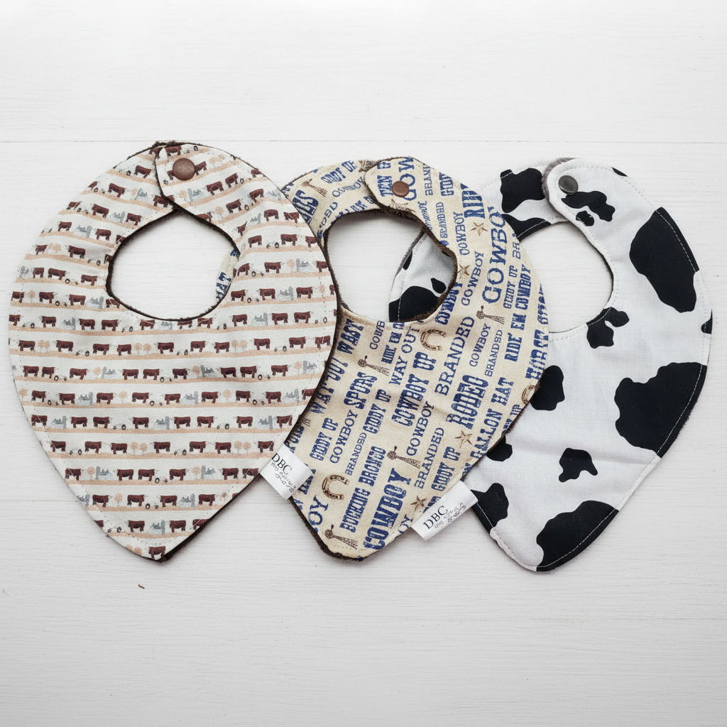 Herford Cows, Navy Cowboy, and Black Cow Print Western Bibs - DBC Baby Bedding Co 