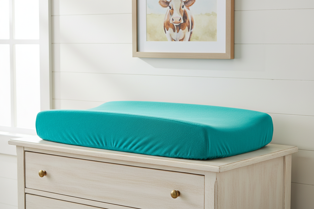 Teal minky changing pad cover on antique dresser with cow art - lifestyle photo