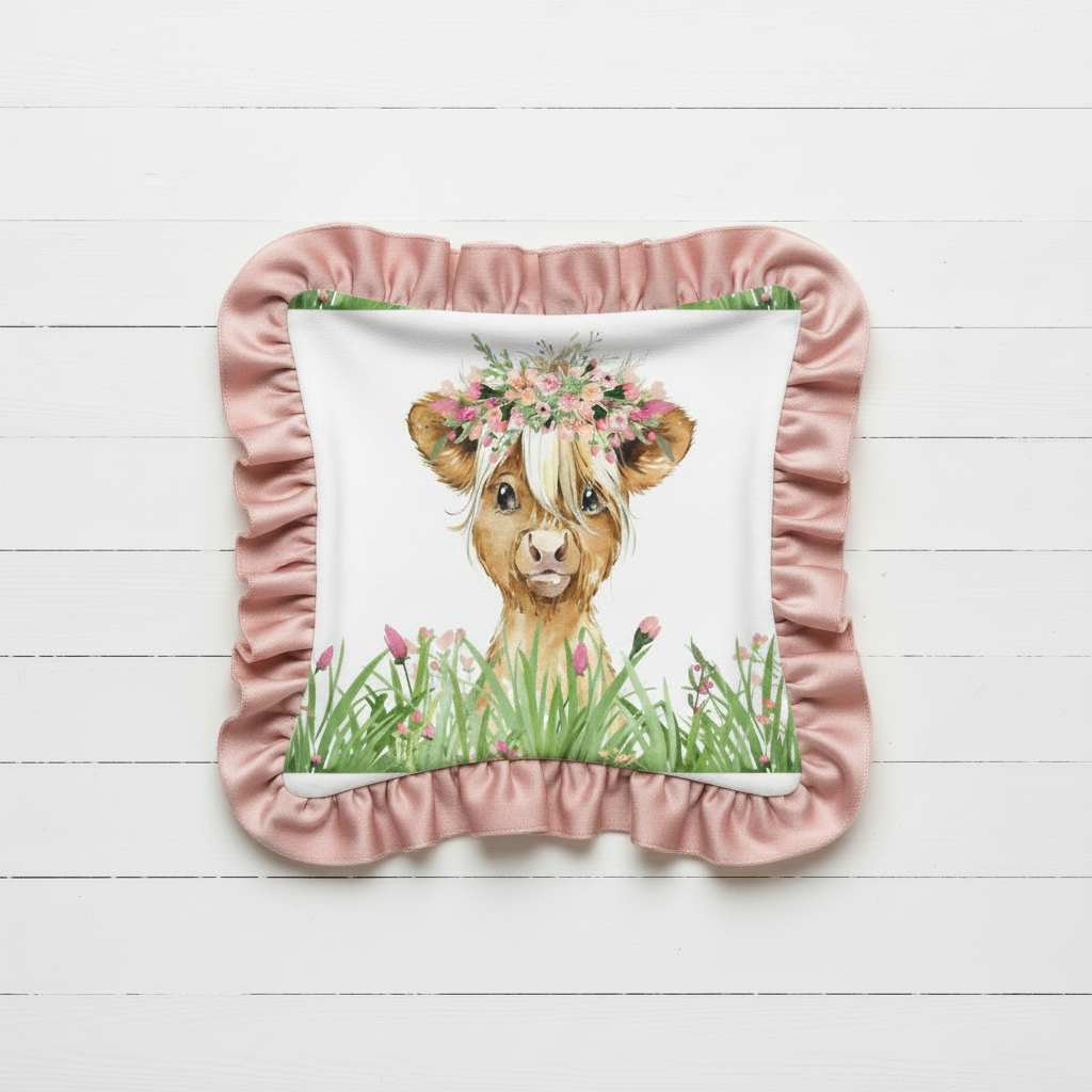 Wild Flower Highland Cow and Blush Minky with Fuchsia Satin Ruffle Farm Lovey - DBC Baby Bedding Co 