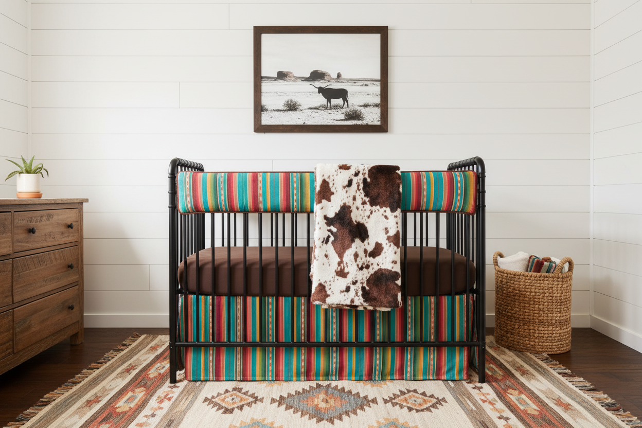 Serape and cow minky western neutral crib bedding on black metal crib in boho western nursery with white shiplap walls