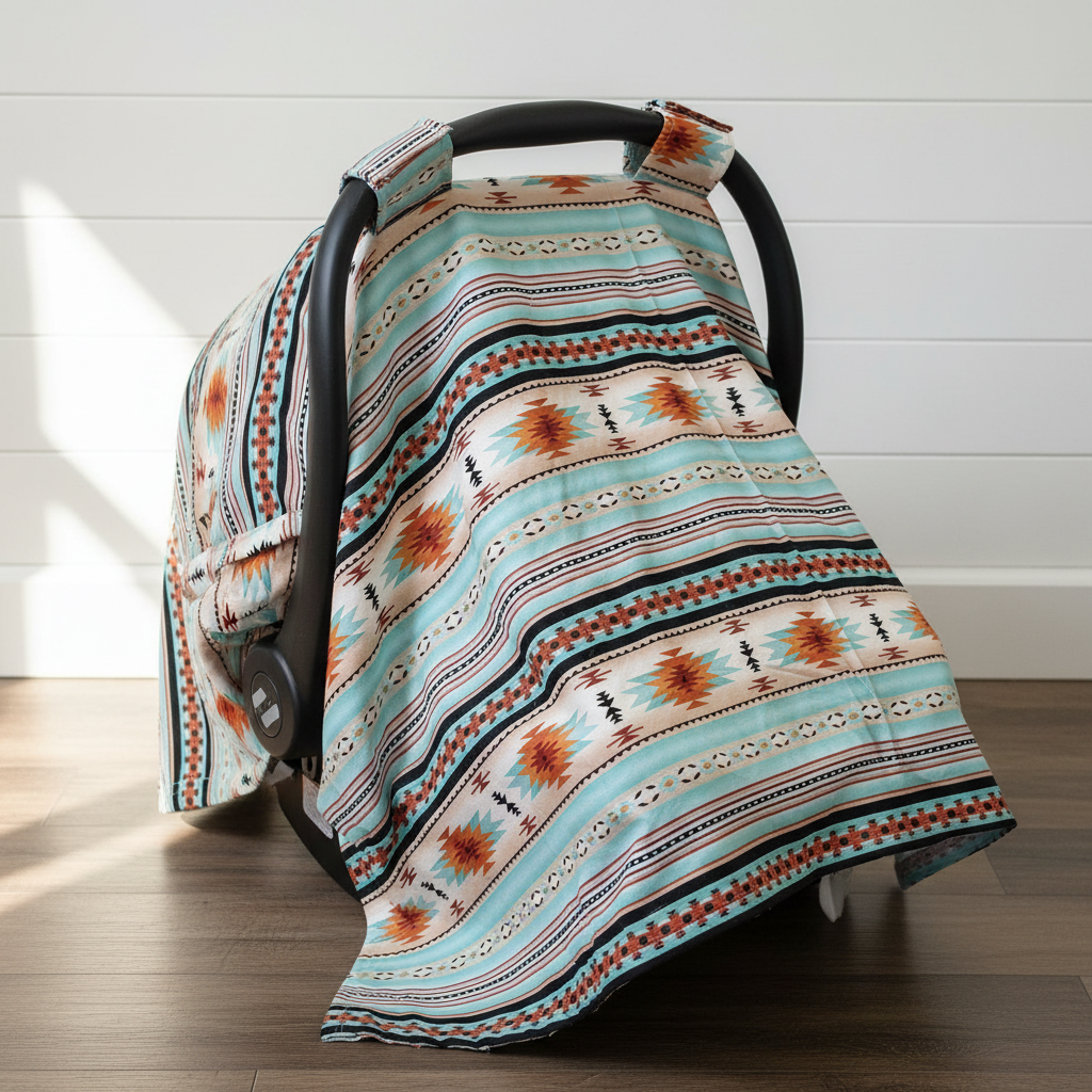 Mint Aztec Western Carseat Tent against white shiplap wall — bold mint aztec print with gray cotton underside, handmade in the USA