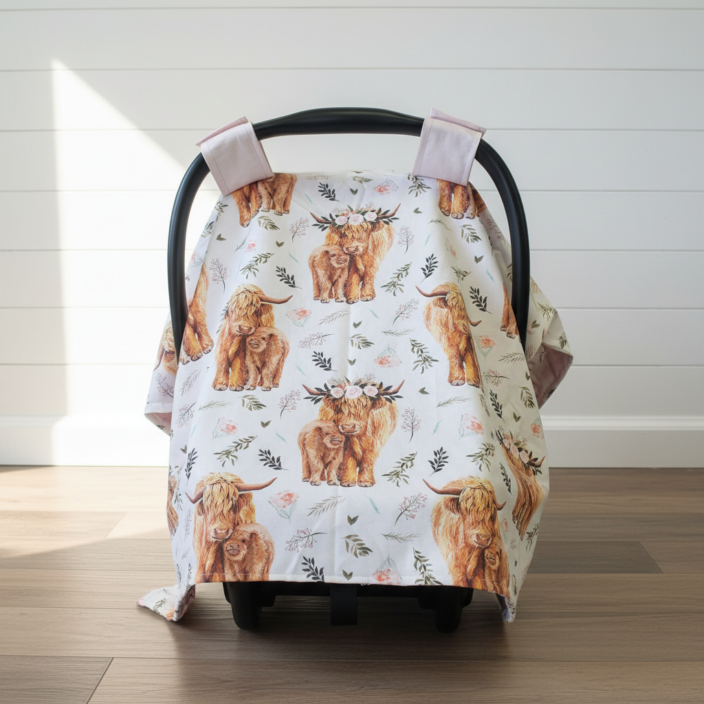 Floral Highland Cow Western Carseat Tent against white shiplap wall — highland cow and floral print with blush cotton underside, handmade in the USA