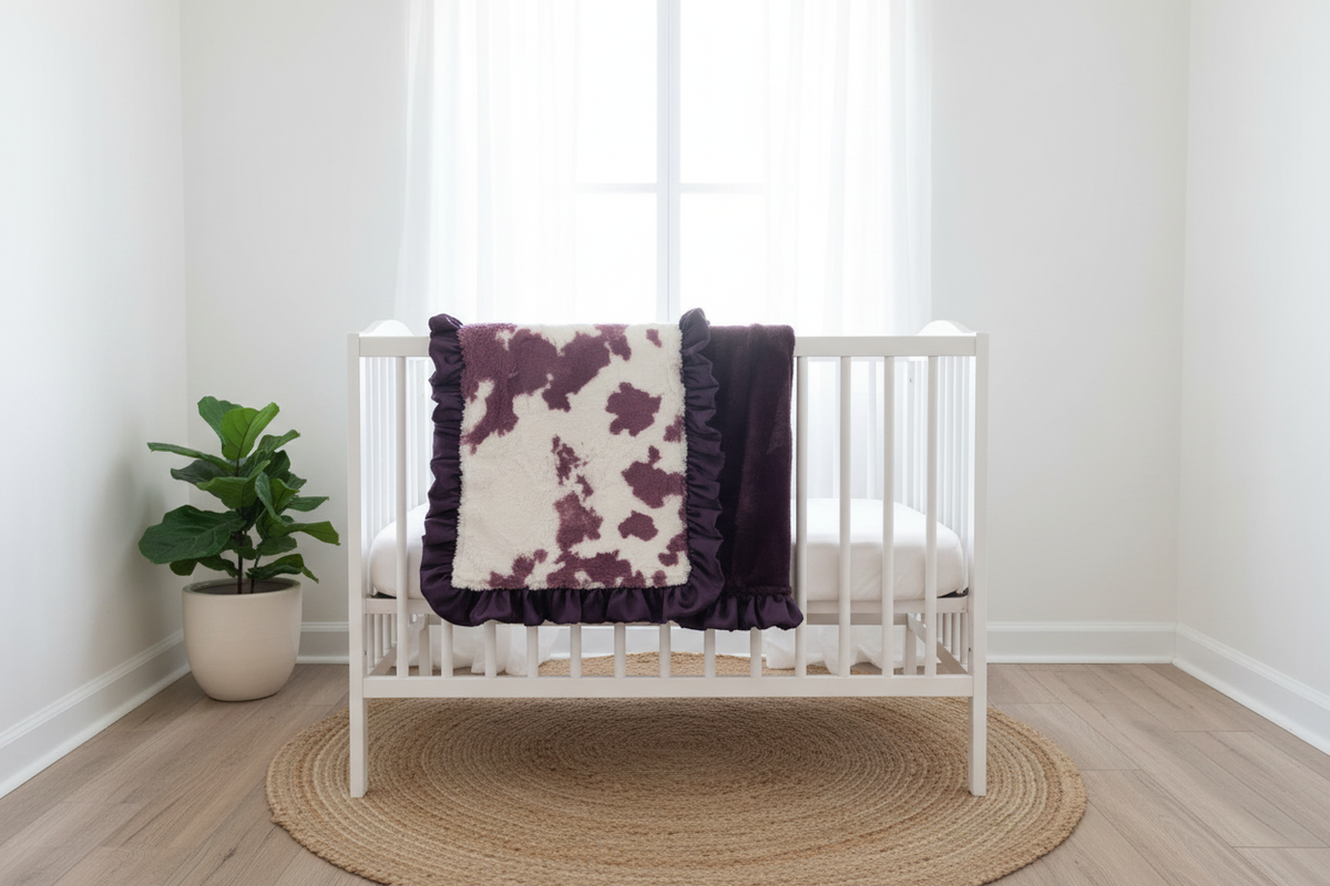 Plum Calf Minky Western Ruffle Blanket draped over white crib rail