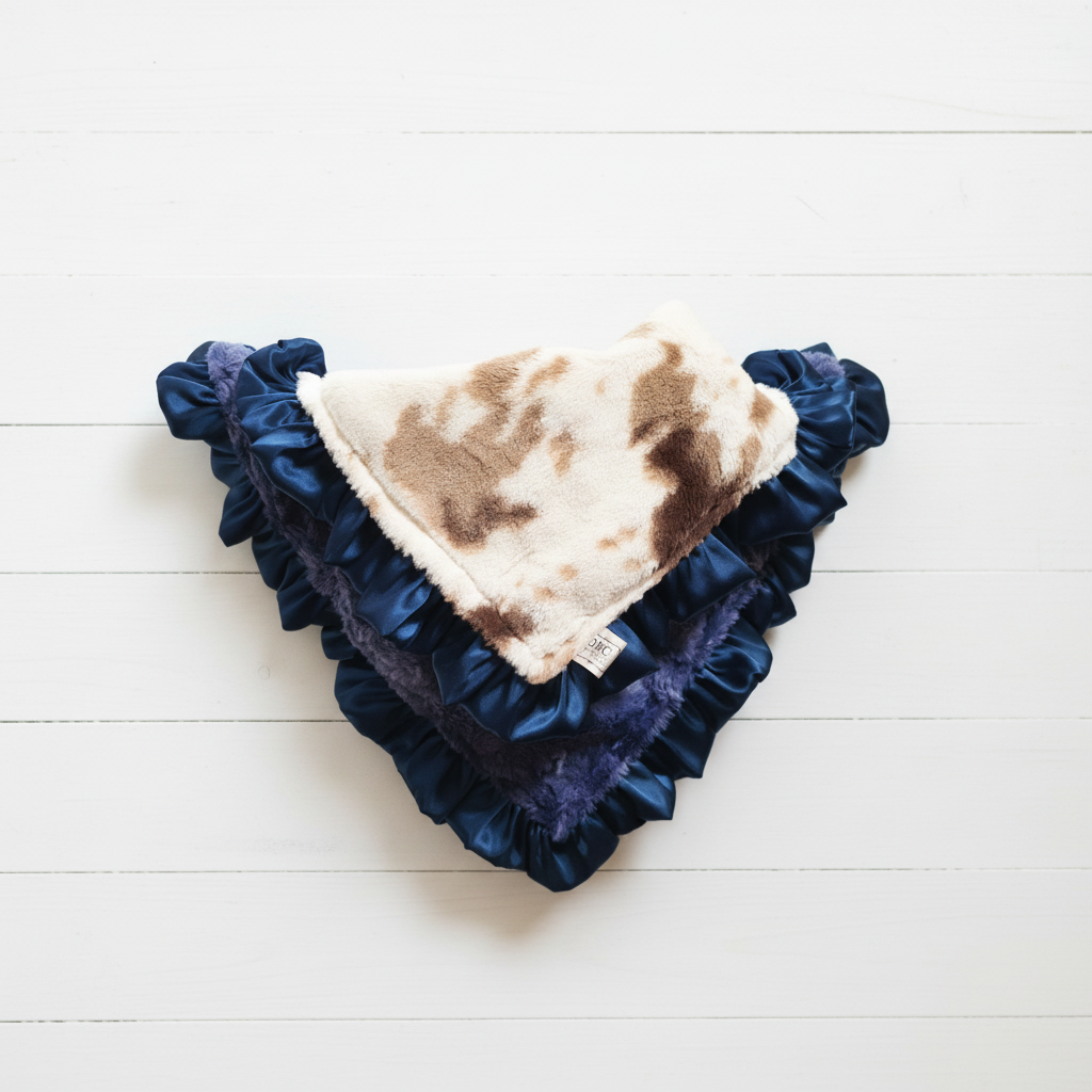 Brown Sugar Cow with Navy Satin Ruffle Western Lovey - DBC Baby Bedding Co 