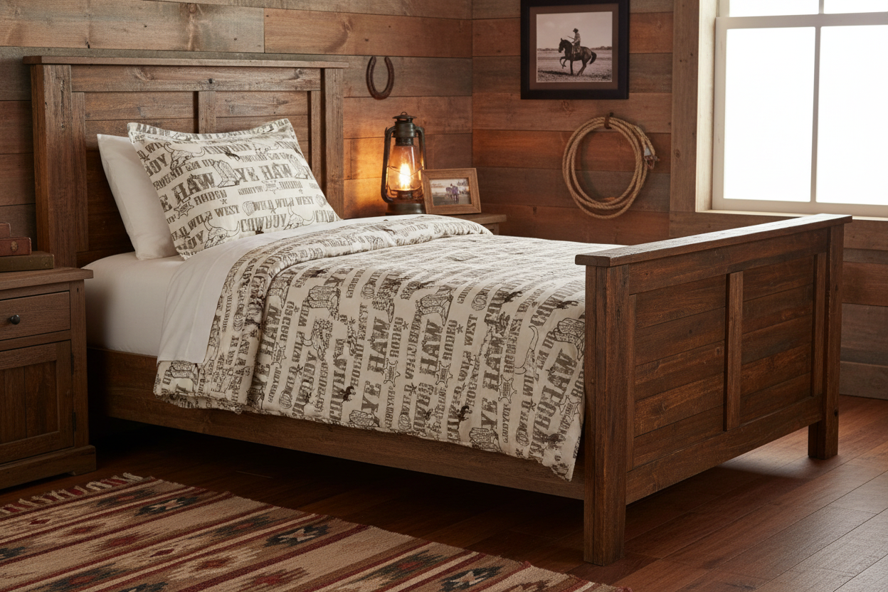 Wild west cowboy comforter with cream and brown western text and graphics on bed in rustic barn wood bedroom with western decor