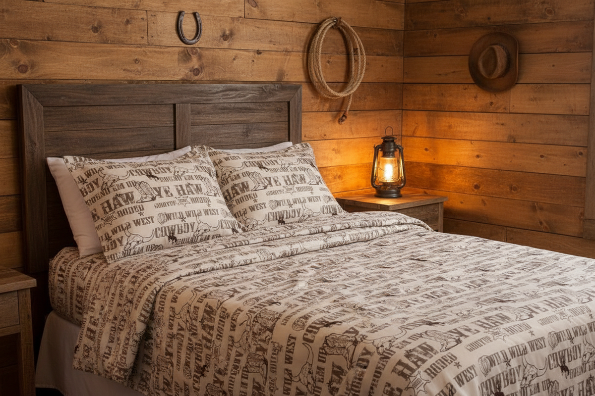 Wild west cowboy comforter on full bed in rustic western bedroom with wood walls and warm lighting