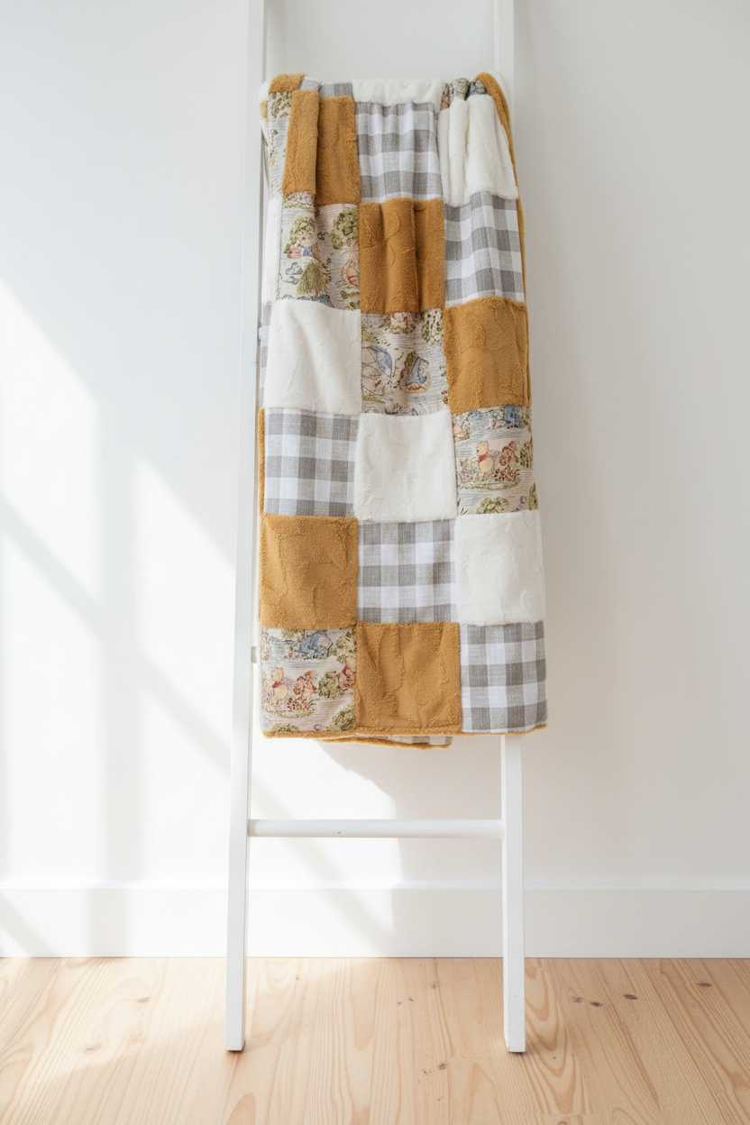 Close-up of Classic Winnie the Pooh Patchwork Blanket on blanket ladder