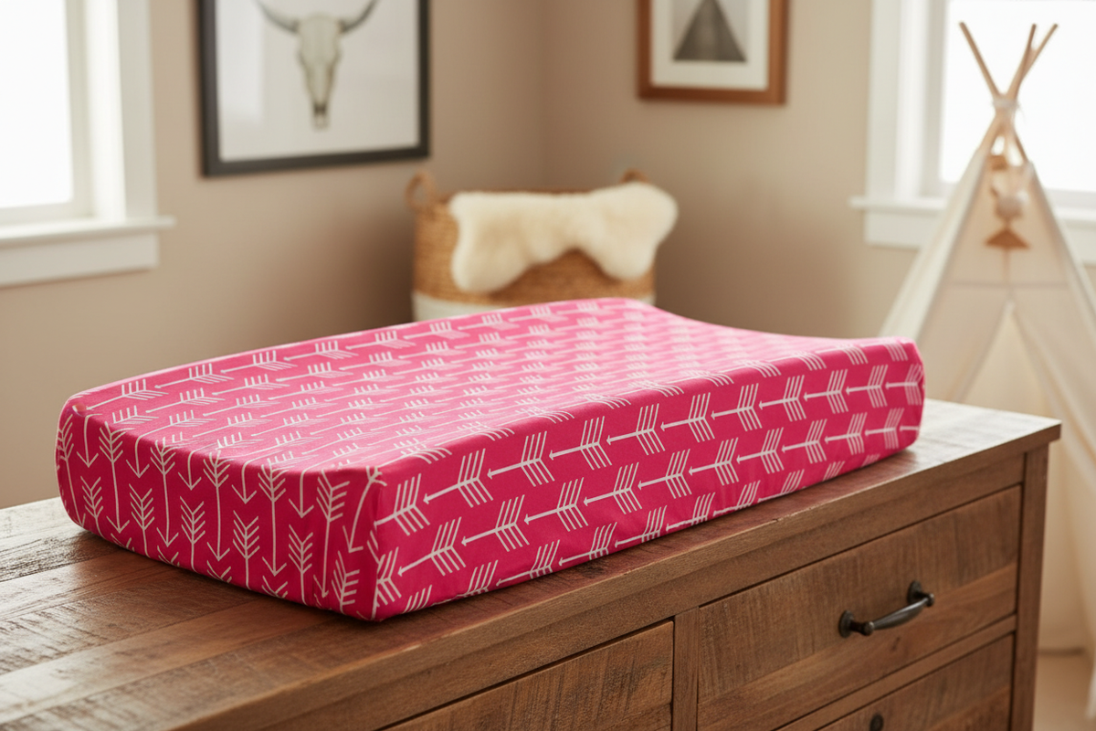 Hot pink arrow changing pad cover on dresser in western nursery - lifestyle photo
