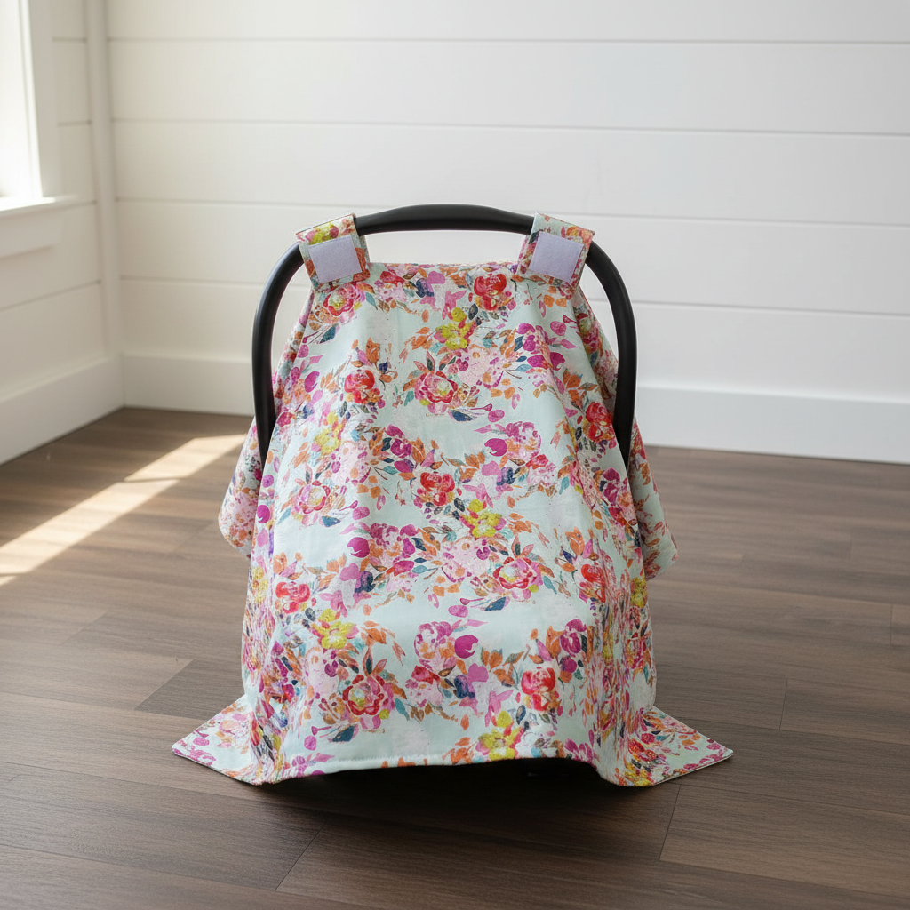 Summer Floral Carseat Tent against white shiplap wall — summer floral print with blush cotton underside and velcro handle straps, handmade in the USA
