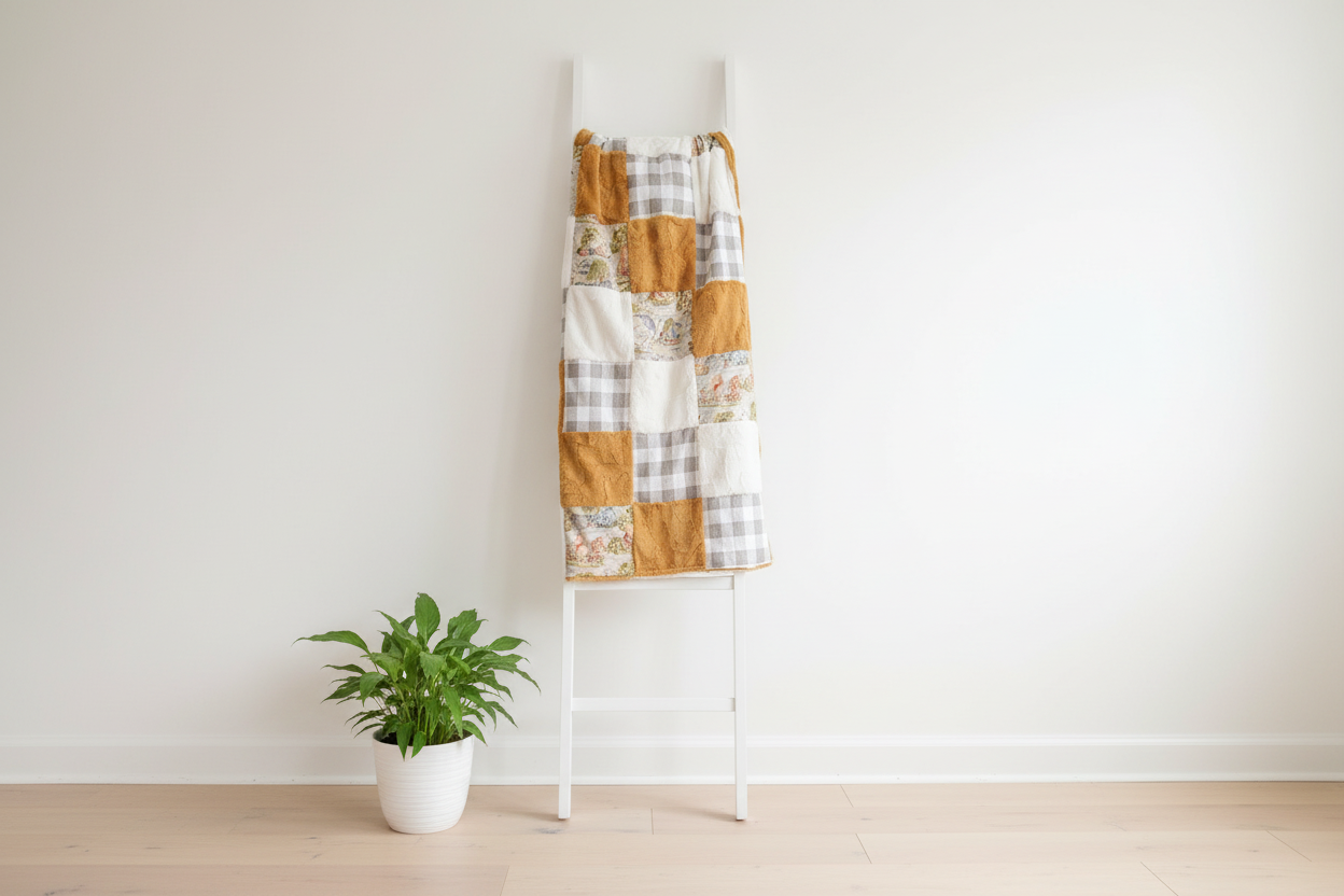 Classic Winnie the Pooh Patchwork Blanket on white blanket ladder