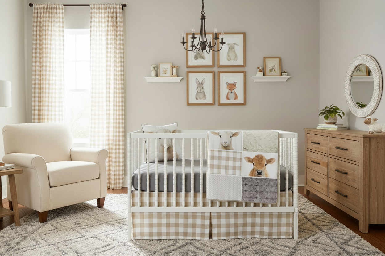 Lamb and Cow Nursery - Ecru Check Curtains