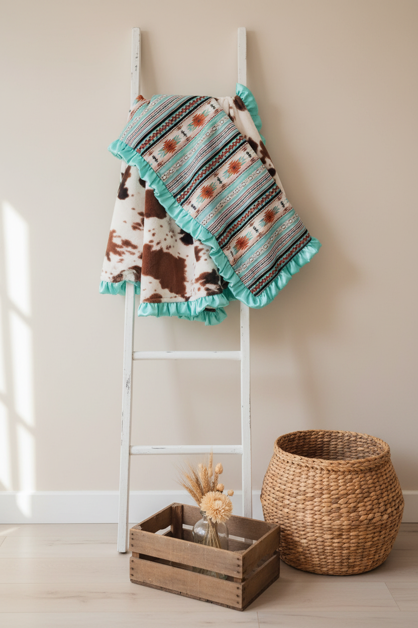 Mint Aztec and Cow Minky Western Blanket Rustic Nursery