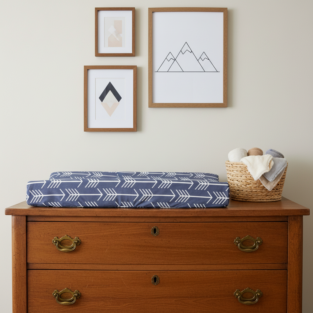 Navy Arrow Western Changing Pad Cover on Brown Dresser with Wall Art