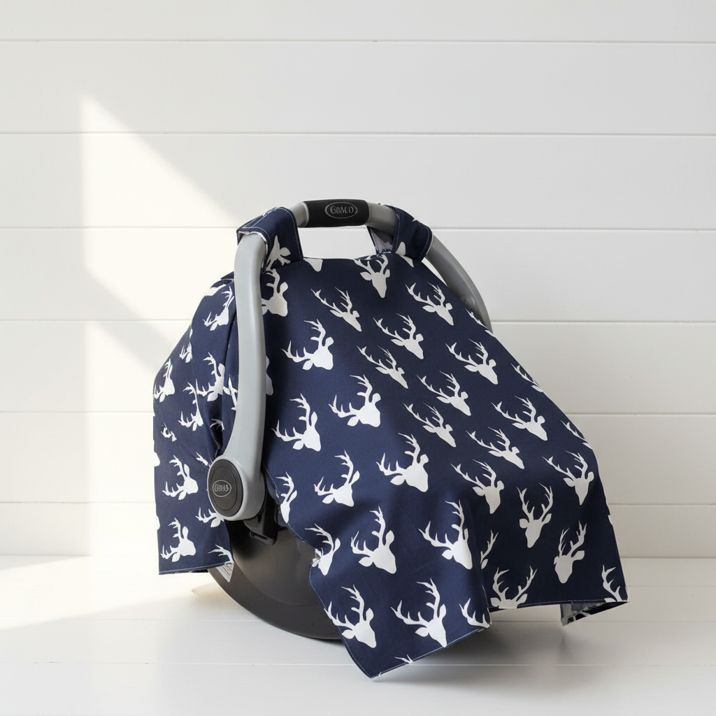 Navy Buck Woodland Carseat Tent - White Shiplap Wall