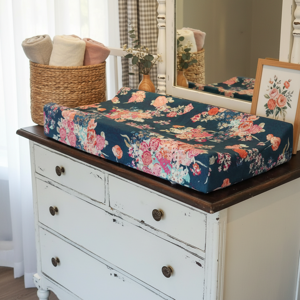 Navy Coral Floral Changing Pad Cover on White Antique Dresser