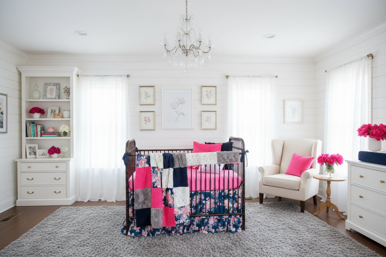 Navy Hot Pink Gray Floral Bedding Large Spacious Pretty Nursery