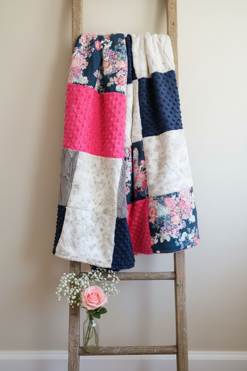 Navy Hot Pink Gray Floral Blanket Lifestyle on Ladder