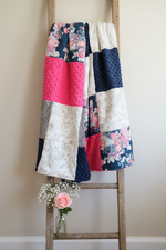 Navy Hot Pink Gray Floral Blanket Lifestyle on Ladder