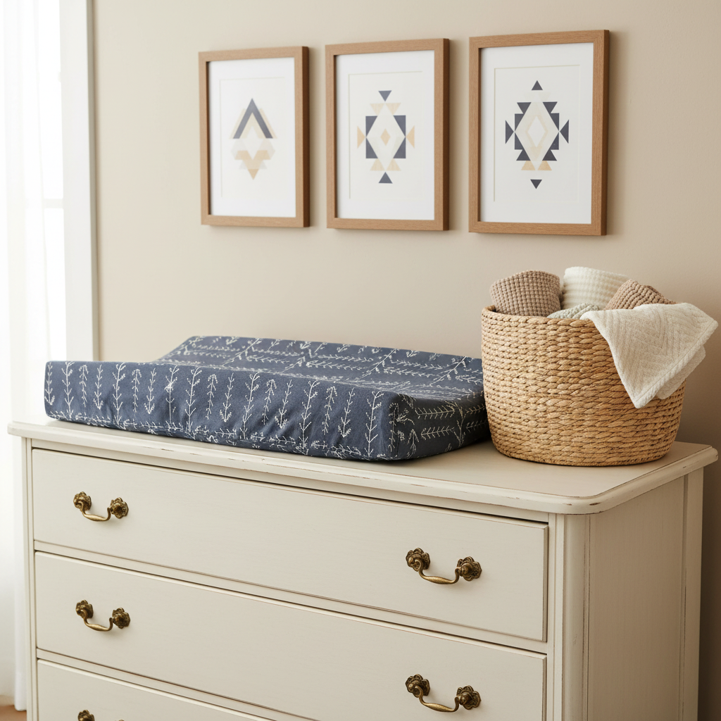 Navy Tribal Arrow Western Changing Pad Cover on White Antique Dresser