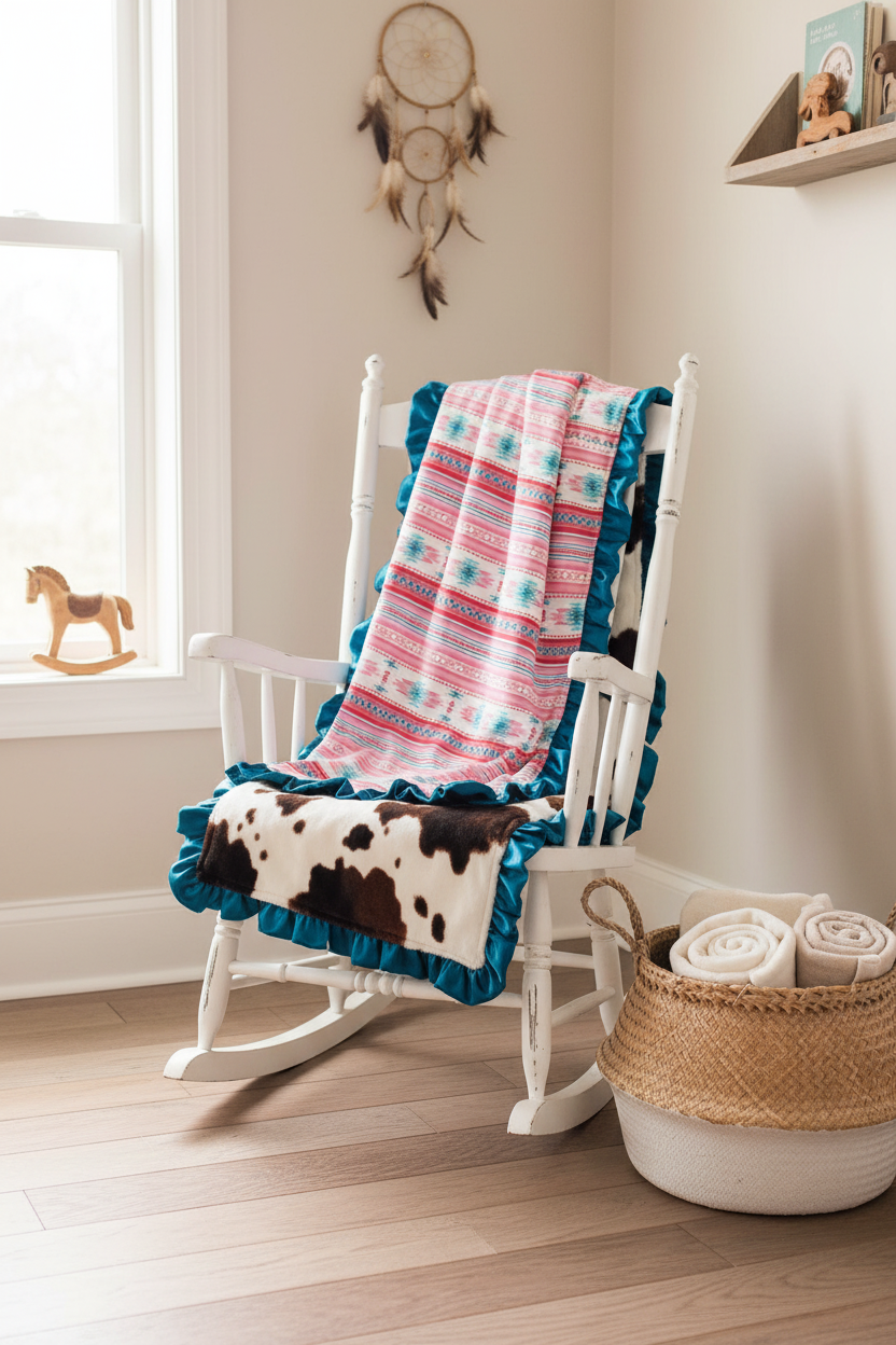 Pink Aztec and Cow Minky Western Blanket Rocking Chair