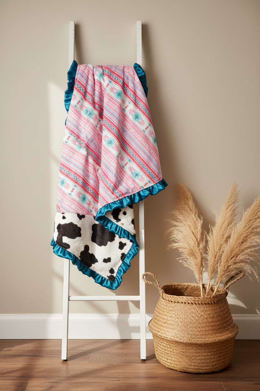 Pink Aztec and Cow Minky Western Blanket