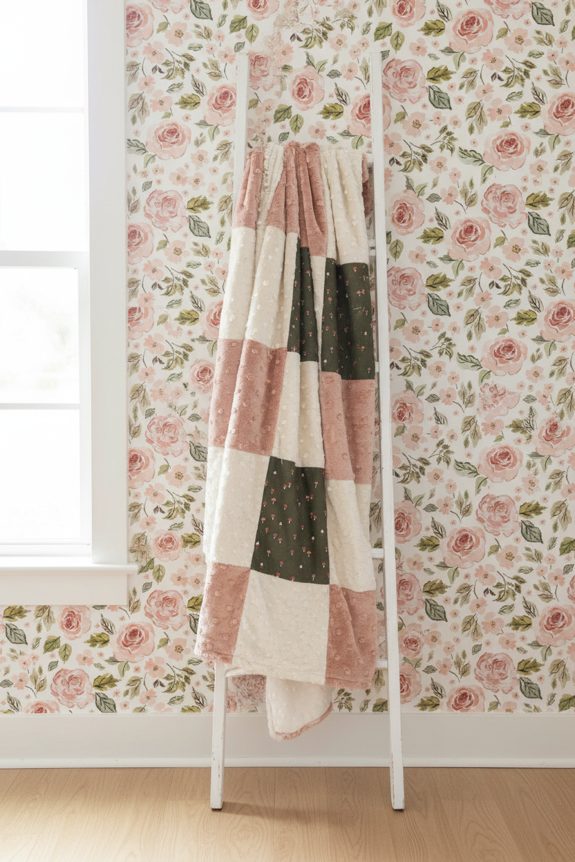 Pink Floral Mushroom Blanket on Ladder