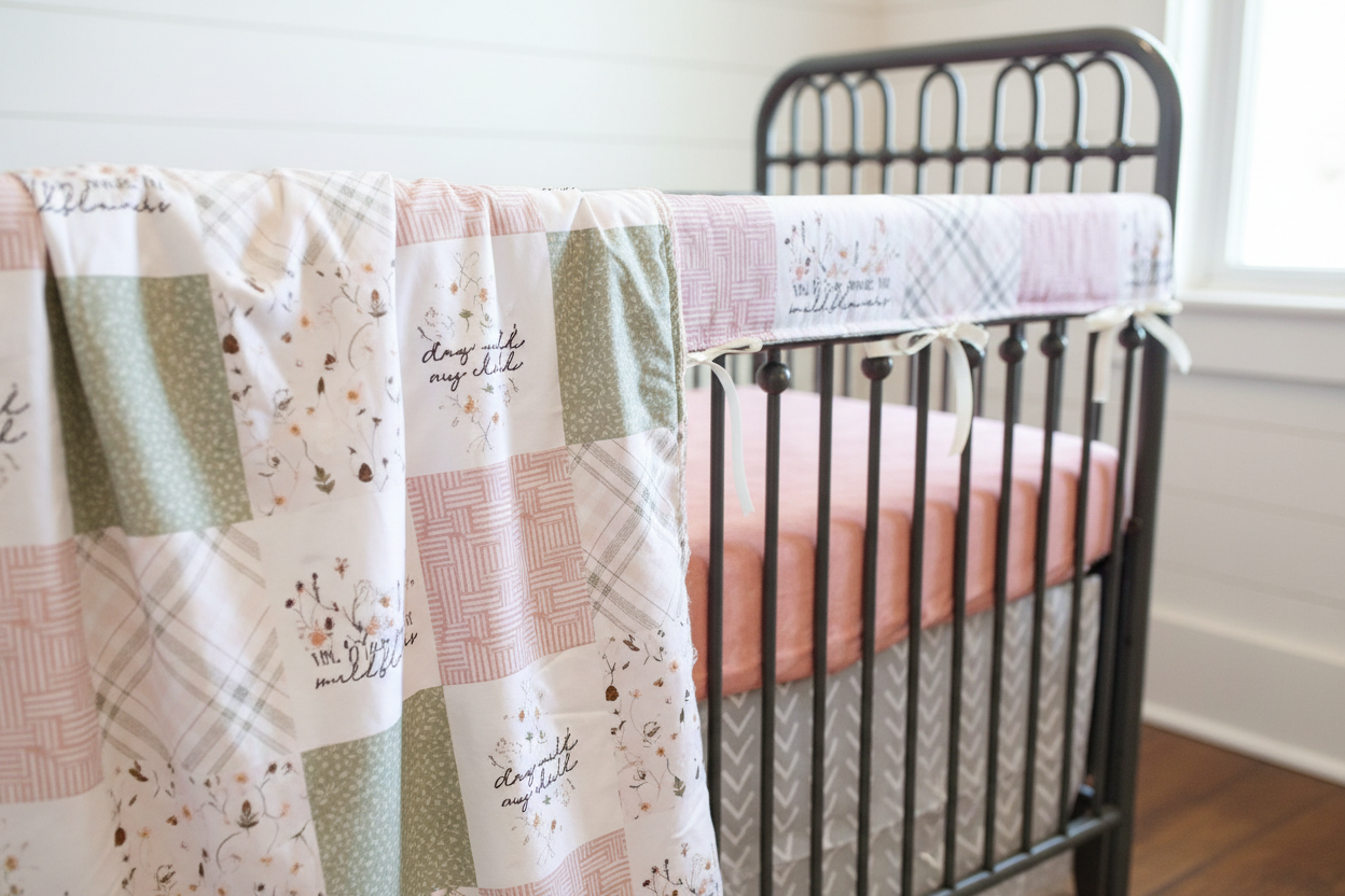 Pink Sage Green Floral Bedding Close-Up